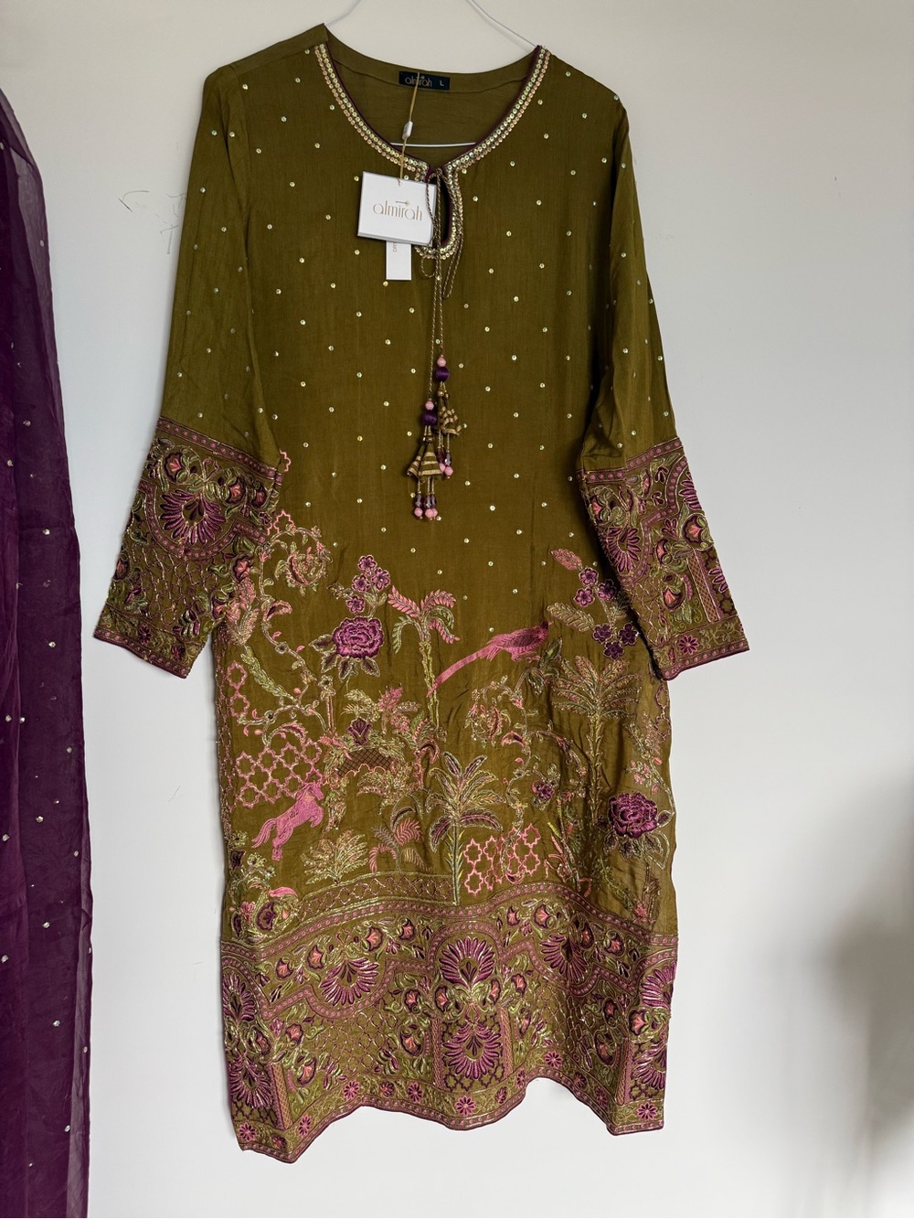 Olive Embroidered Long-Sleeve Dress with Pink Accents